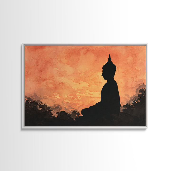 Buddha Silhouette Surrounded by Warm Light Canvas Print, Meditation Art, Boho Wall Decor, Living Room Decor, Stillness, MED-3x2-83