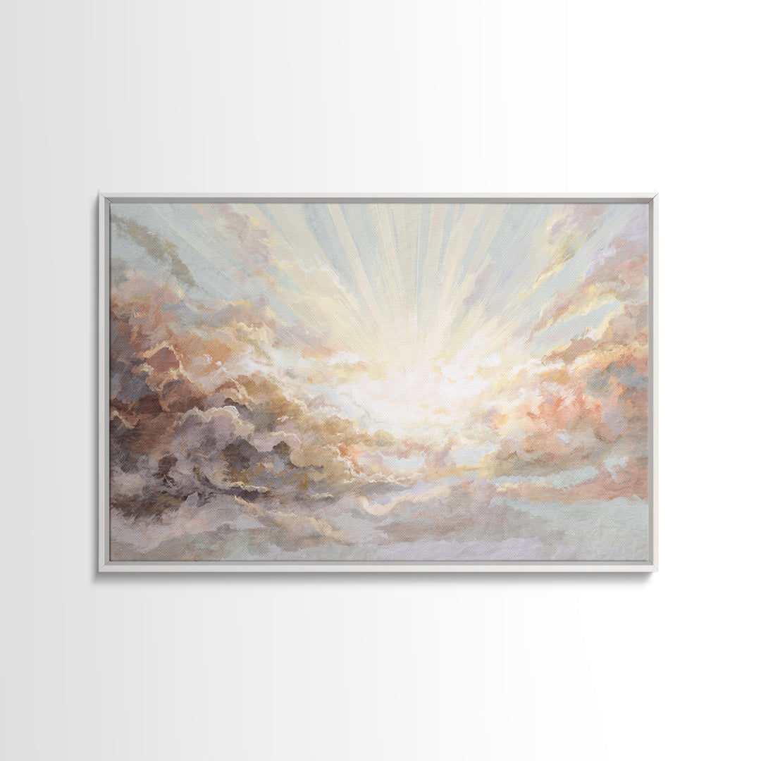Angelic Light Rays Through Abstract Clouds Canvas Print, Meditation Art, Yoga Wall Art, Living Room Decor, Fine Art, Stillness, MED-3x2-98