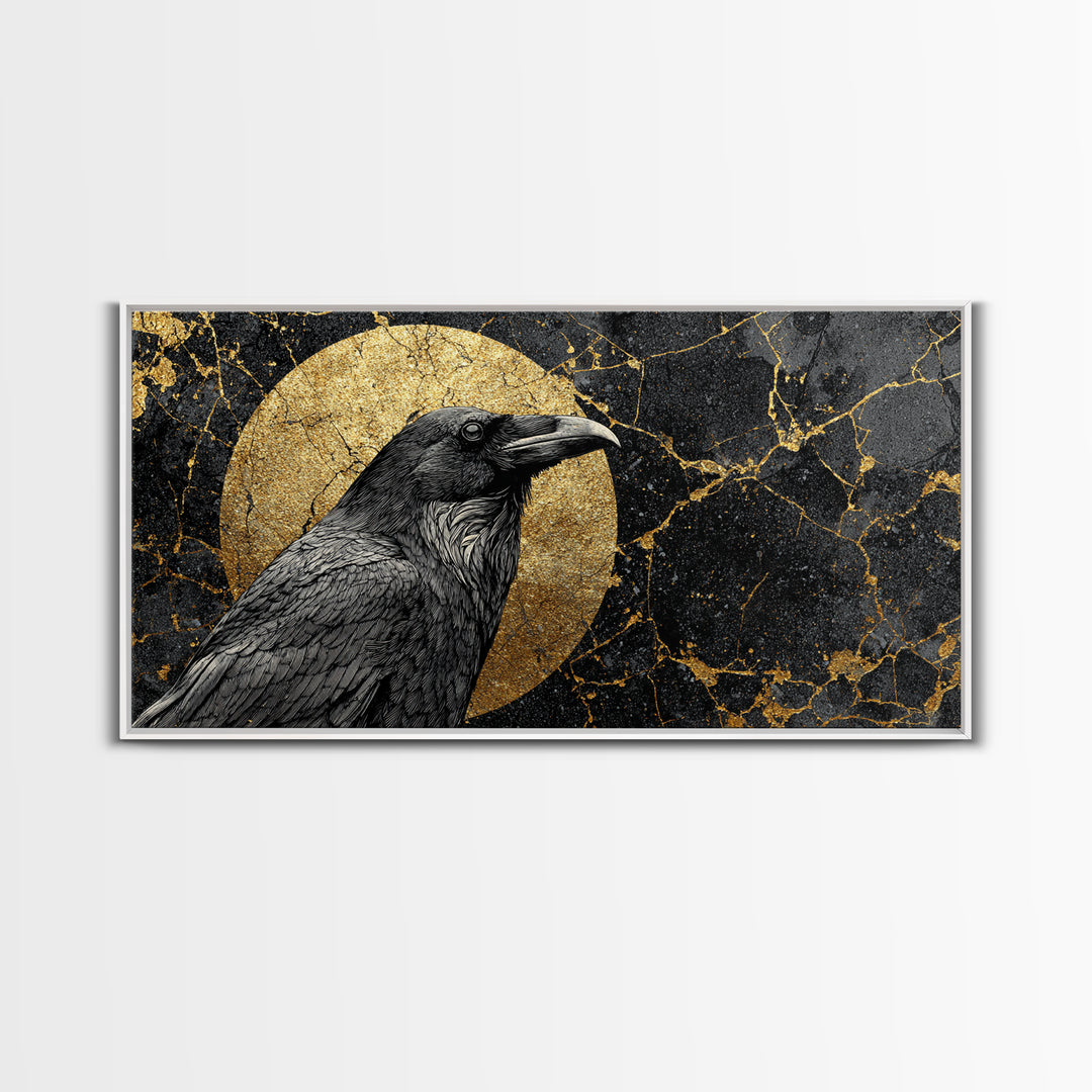 Raven Gold Canvas Print, Dark Bird Art With Lunar Circle Design, Real Wood Frame Wall Décor, Mystical Gothic Nature Artwork