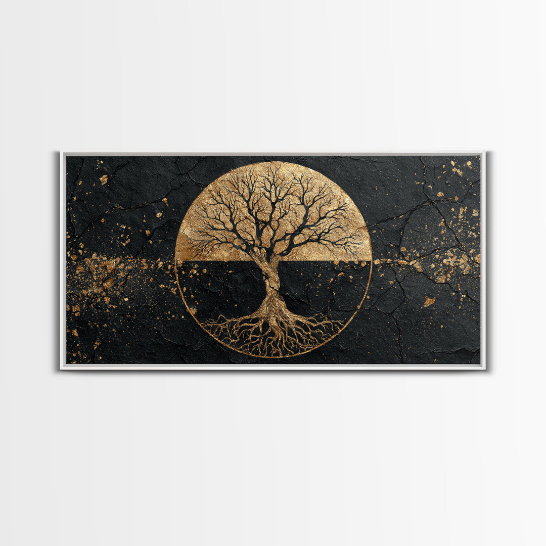 Mystical Roots Tree Gold Canvas Art, Sacred Nature Symbol Canvas Print, Real Wood Frame Wall Décor, Spiritual Mythical Decorative Artwork