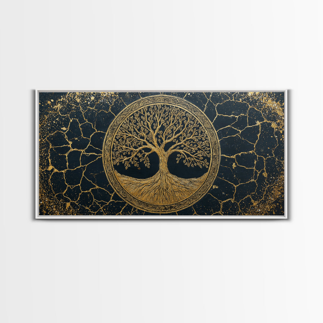 Tree Of Life Circle Gold Canvas Print, Sacred Geometry Wall Art, Norse Yggdrasil Artwork, Real Wood Frame Decor