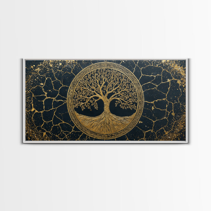 Tree Of Life Circle Gold Canvas Print, Sacred Geometry Wall Art, Norse Yggdrasil Artwork, Real Wood Frame Decor