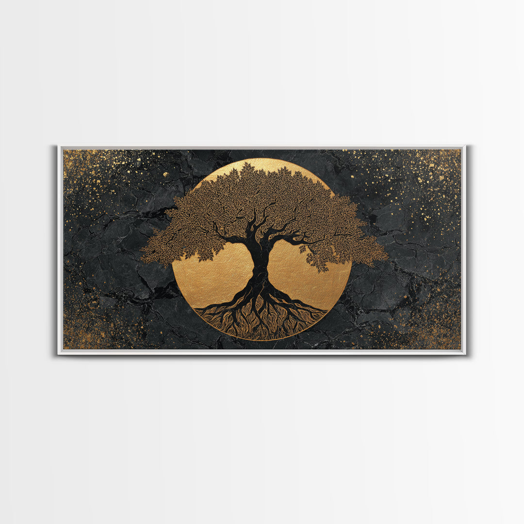 Elegant Tree Of Life Gold Canvas Print, Modern Sacred Geometry Wall Art, Mystical Symbol Artwork, Real Wood Frame Decor