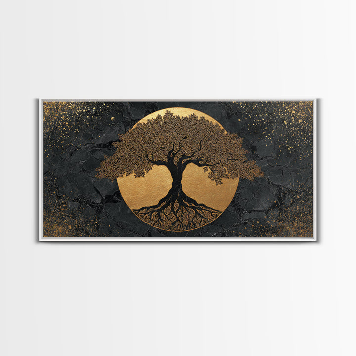 Elegant Tree Of Life Gold Canvas Print, Modern Sacred Geometry Wall Art, Mystical Symbol Artwork, Real Wood Frame Decor