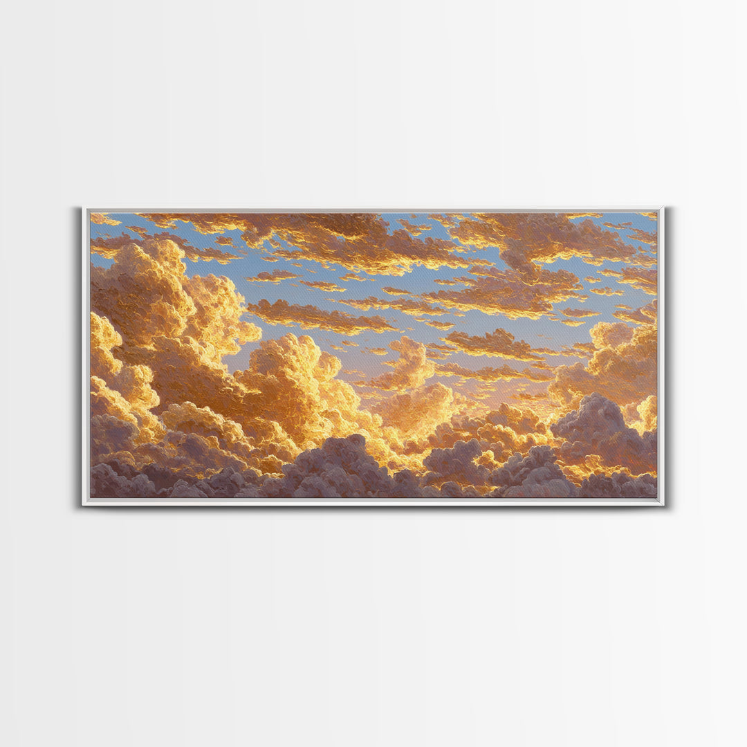 Golden Clouds Gold Canvas Art, Sky And Light Filled Cloudscape Canvas Print, Real Wood Frame Wall Décor, Dreamy Atmospheric Artwork