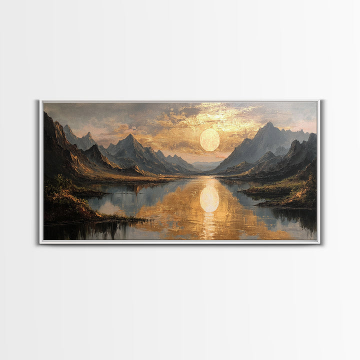 Mountain Lake Gold Canvas Print, Golden Sun Over Peaks And Reflection Art, Real Wood Frame Wall Décor, Tranquil Landscape Artwork