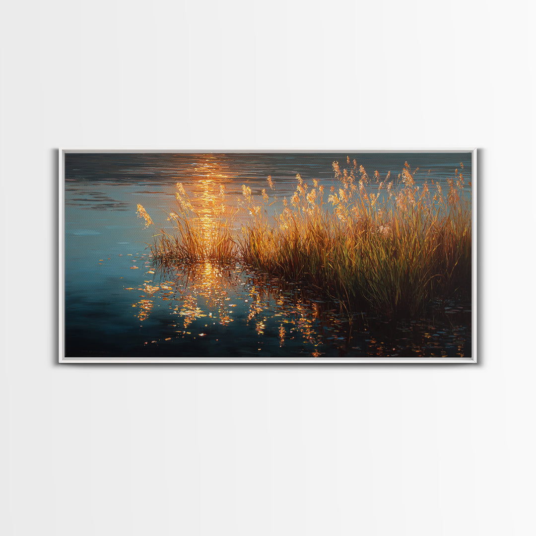 Golden Reeds Gold Canvas Art, Sunset Water Reflection With Grass Canvas Print, Real Wood Frame Wall Décor, Serene Nature Inspired Artwork