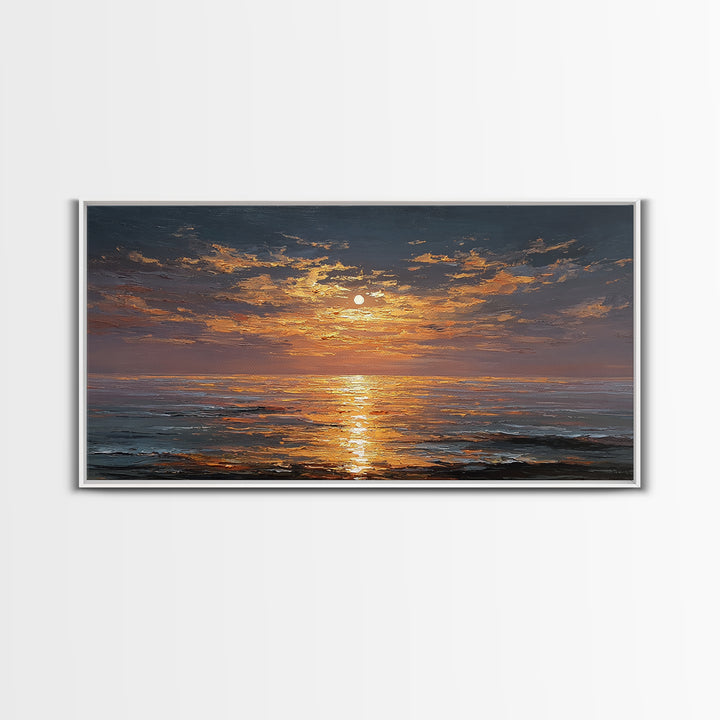 Ocean Sunset Gold Canvas Print, Radiant Sunlight Over Waves Artwork, Real Wood Frame Wall Décor, Coastal Seascape Glow Art
