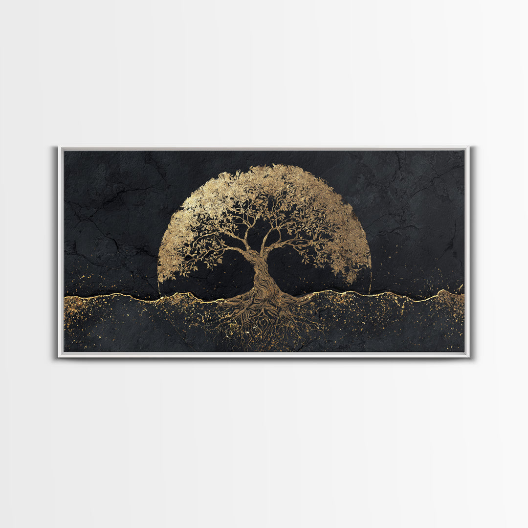 Sacred Tree Gold Canvas Art, Symbolic Roots And Branches Canvas Print, Real Wood Frame Wall Décor, Mystical Spiritual Nature Artwork