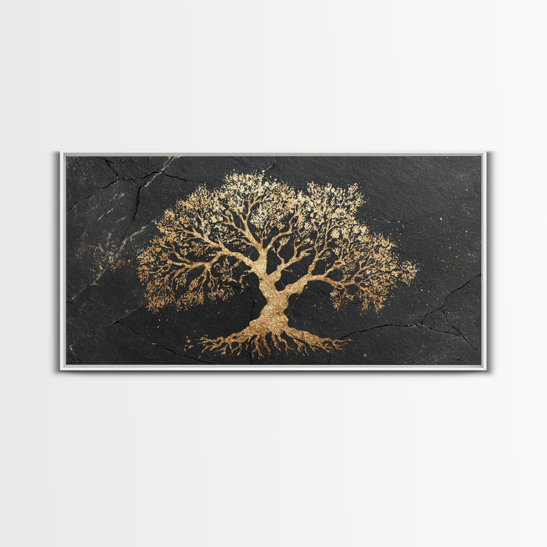 Ancient Oak Gold Canvas Print, Timeless Tree Of Life Design Artwork, Real Wood Frame Wall Décor, Nature Inspired Mystical Symbol Art