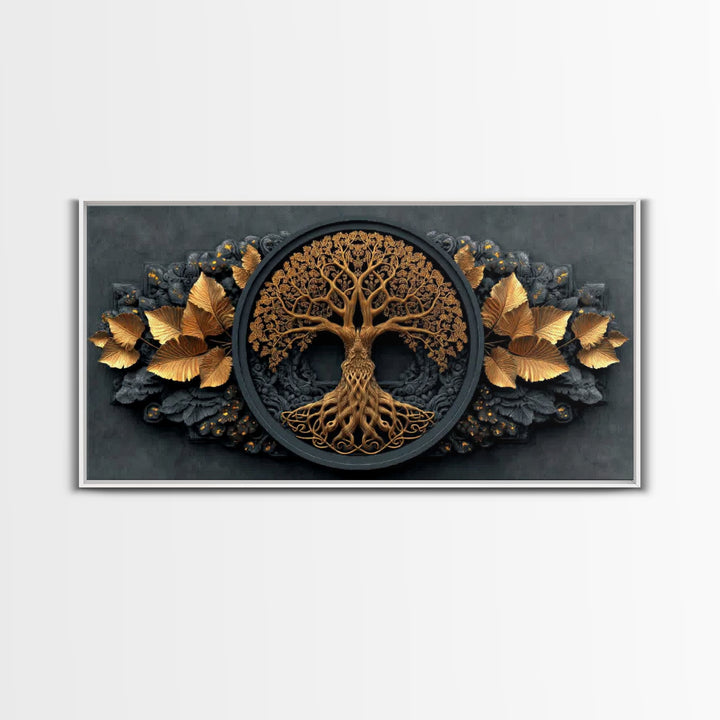 Decorative Tree Of Life Gold Canvas Art, Ornate Circle Design Canvas Print, Real Wood Frame Wall Décor, Luxurious Nature Inspired Artwork