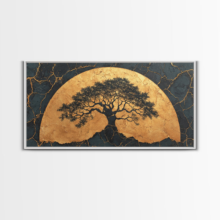 Golden Horizon Tree Gold Canvas Print, Majestic Nature Symbol Artwork, Real Wood Frame Wall Décor, Sacred Celestial Inspired Art