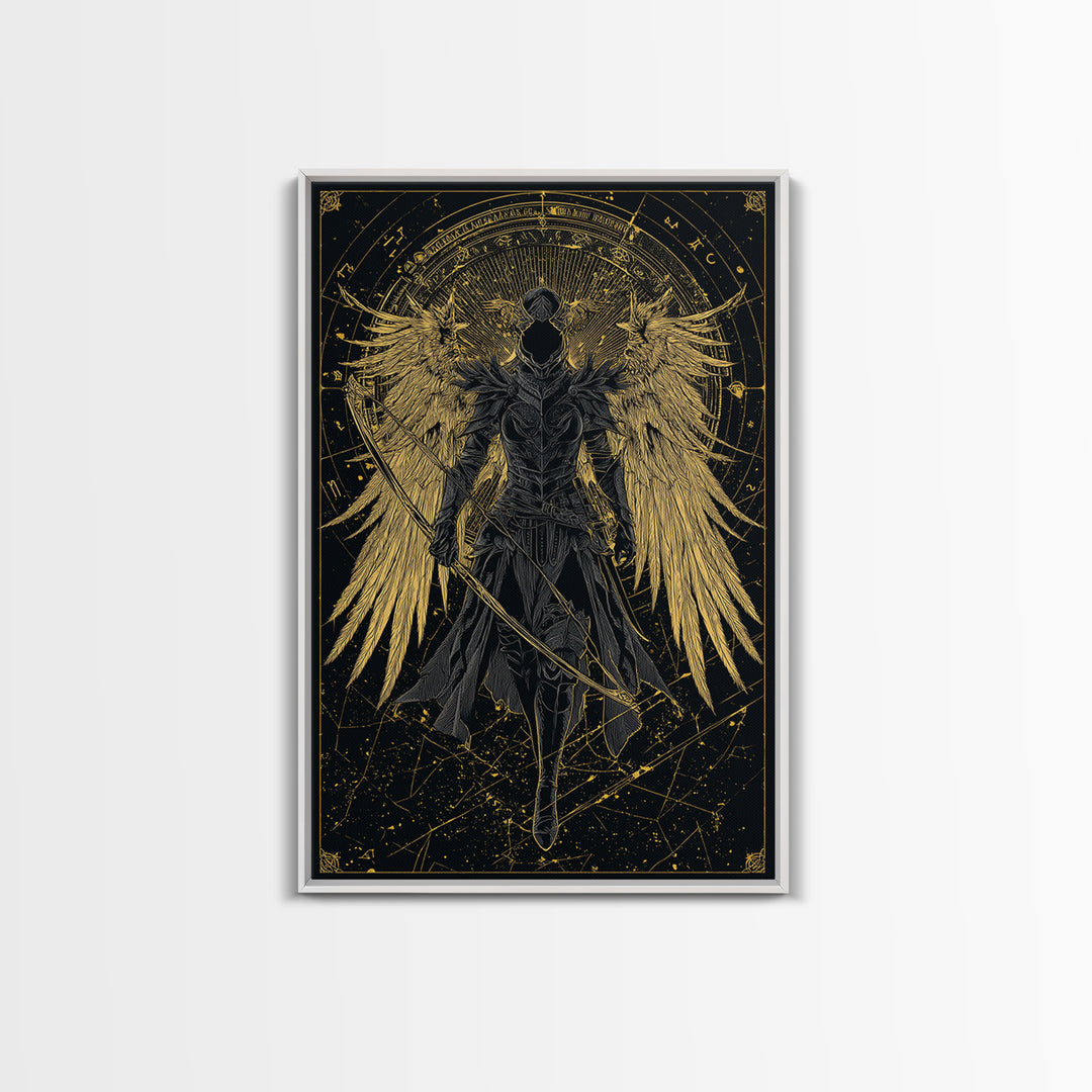 Armored Angel Gold Canvas Art, Celestial Guardian With Bow Canvas Print, Real Wood Frame Wall Décor, Mythology Warrior Artwork