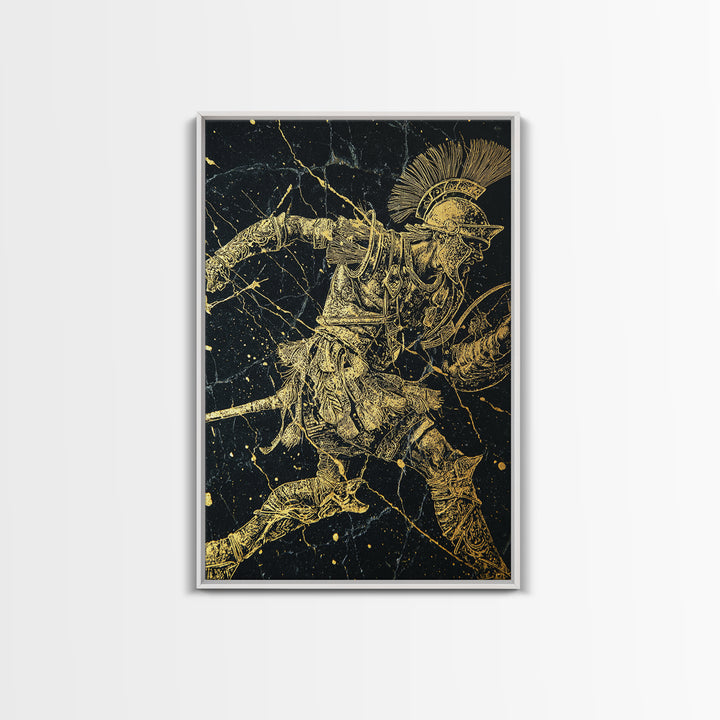 Roman Gladiator Gold Canvas Print, Ancient Warrior Art On Canvas, Real Wood Frame Wall Décor, Historical Mythology Artwork