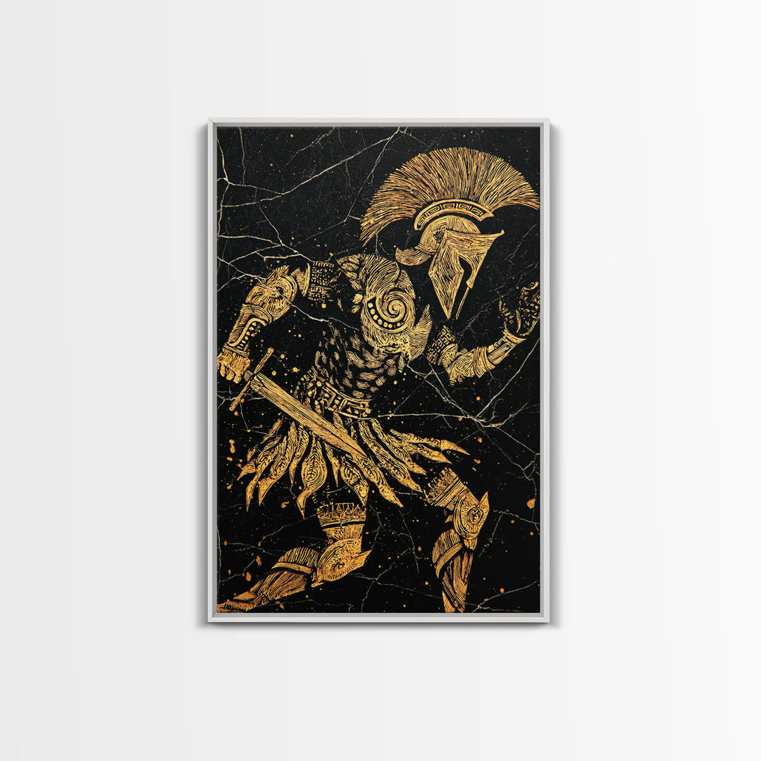 Spartan Warrior Gold Canvas Art, Ancient Soldier Canvas Print, Real Wood Frame Wall Décor, Heroic Mythology Battle Artwork