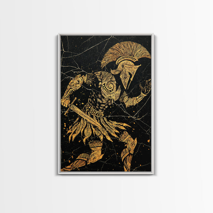 Spartan Warrior Gold Canvas Art, Ancient Soldier Canvas Print, Real Wood Frame Wall Décor, Heroic Mythology Battle Artwork