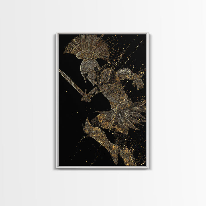 Charging Gladiator Gold Canvas Print, Warrior In Action Art On Canvas, Real Wood Frame Décor, Ancient Mythology Artwork