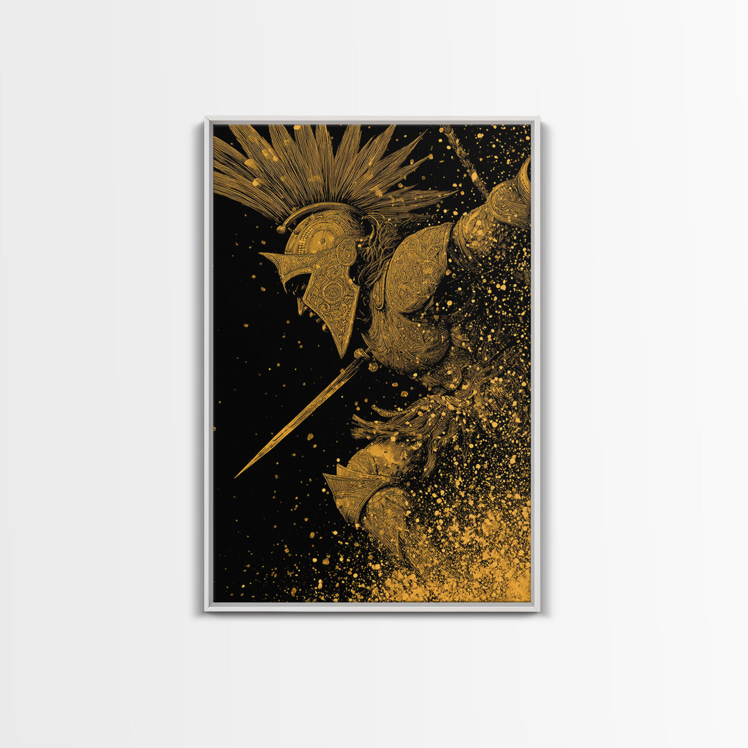 Epic Spartan Gold Canvas Art, Ancient Battle Warrior Canvas Print, Real Wood Frame Wall Décor, Heroic Mythology Statement Artwork