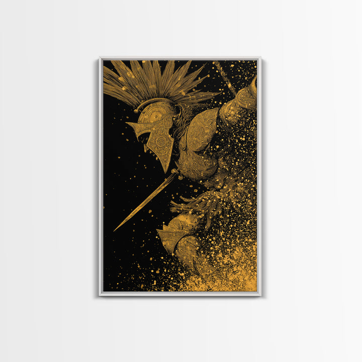 Epic Spartan Gold Canvas Art, Ancient Battle Warrior Canvas Print, Real Wood Frame Wall Décor, Heroic Mythology Statement Artwork