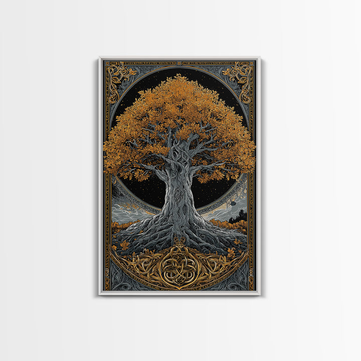 Yggdrasil Tree Gold Canvas Print, Norse Mythology Art On Canvas, Real Wood Frame Wall Décor, Sacred Viking Symbol Artwork