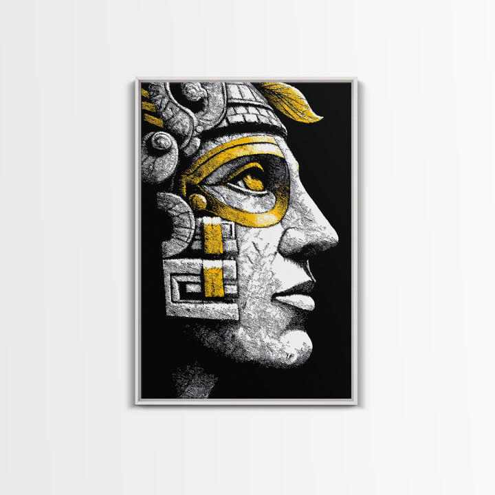 Aztec Warrior Gold Canvas Art, Ancient Tribal Mask Canvas Print, Real Wood Frame Wall Décor, Pre-Columbian Mythology Artwork