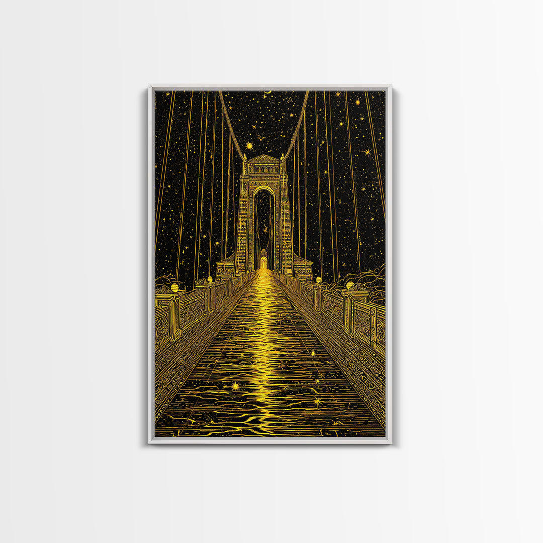 Celestial Bridge Gold Canvas Print, Fantasy Gateway Art On Canvas, Real Wood Frame Wall Décor, Mystical Night Sky Artwork