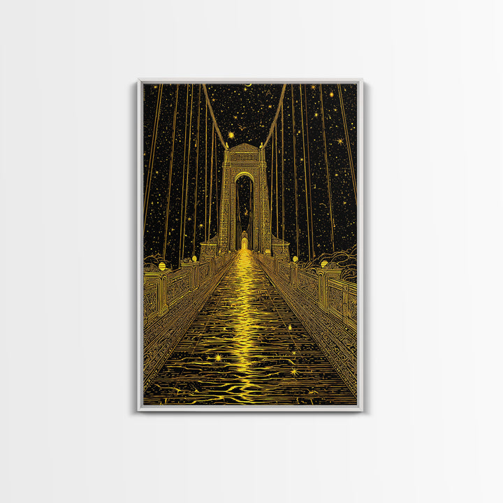 Celestial Bridge Gold Canvas Print, Fantasy Gateway Art On Canvas, Real Wood Frame Wall Décor, Mystical Night Sky Artwork