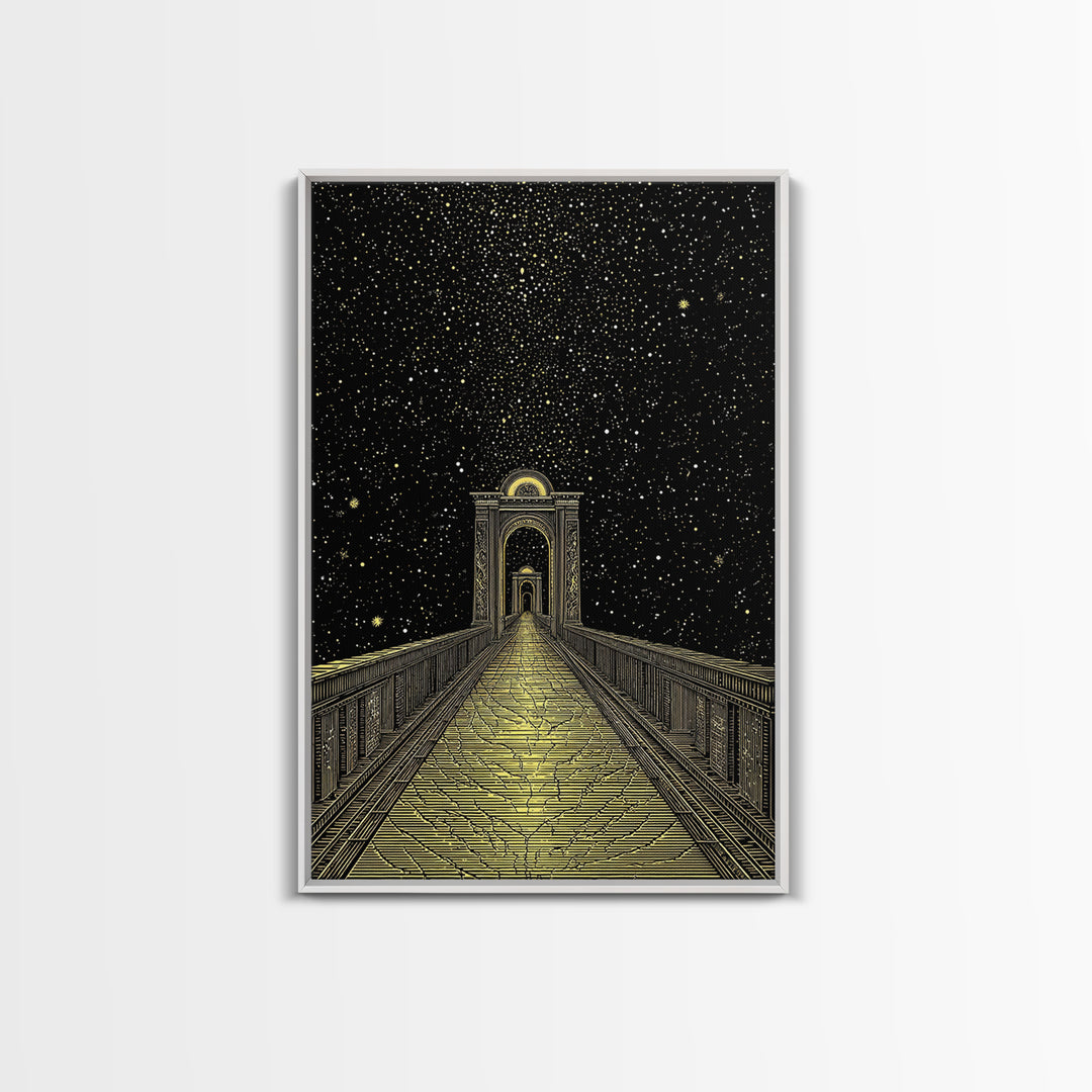 Starlit Path Gold Canvas Art, Fantasy Bridgeway Canvas Print, Real Wood Frame Wall Décor, Celestial Mythology Dream Artwork