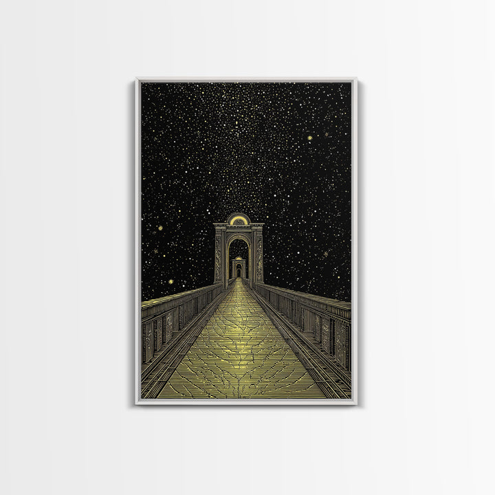 Starlit Path Gold Canvas Art, Fantasy Bridgeway Canvas Print, Real Wood Frame Wall Décor, Celestial Mythology Dream Artwork