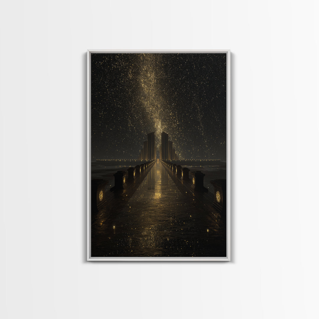 Cosmic Gateway Gold Canvas Print, Mystical Fantasy Bridge Art On Canvas, Real Wood Frame Décor, Starry Sky Celestial Artwork