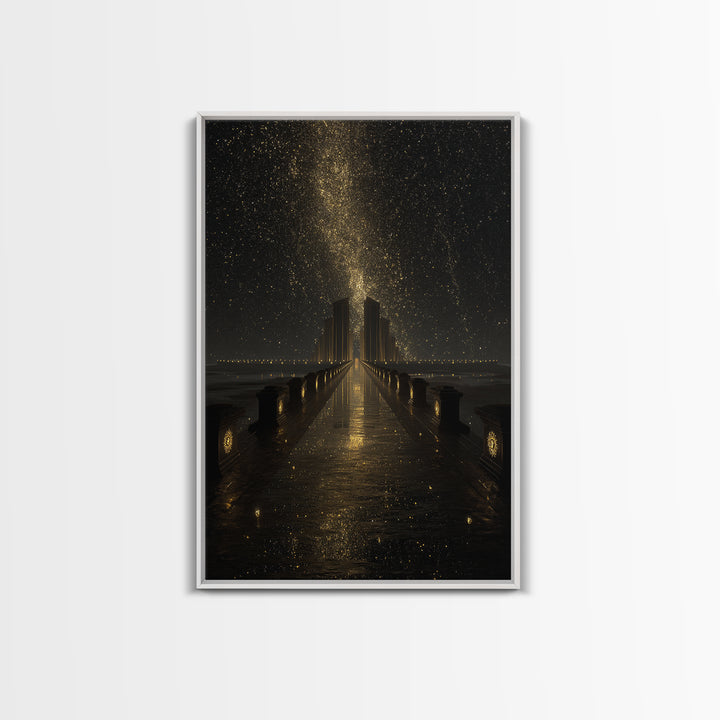 Cosmic Gateway Gold Canvas Print, Mystical Fantasy Bridge Art On Canvas, Real Wood Frame Décor, Starry Sky Celestial Artwork