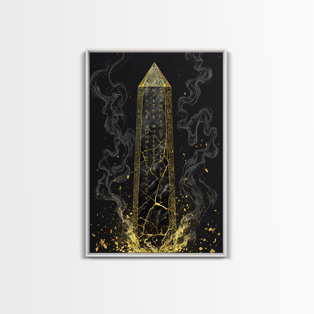 Runic Obelisk Gold Canvas Art, Mystical Stone Wall Print On Canvas, Real Wood Frame Decor, Ancient Fantasy Symbolic Artwork