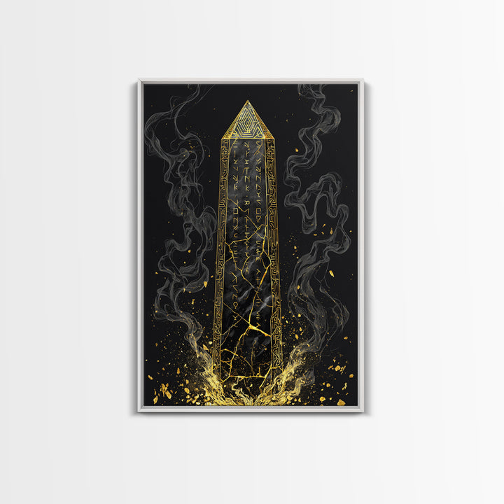Runic Obelisk Gold Canvas Art, Mystical Stone Wall Print On Canvas, Real Wood Frame Decor, Ancient Fantasy Symbolic Artwork