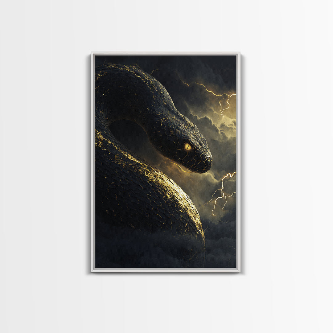 Mythical Serpent Gold Canvas Art, Norse Jormungandr Snake Canvas Print, Real Wood Frame Wall Décor, Fantasy Mythology Creature Artwork