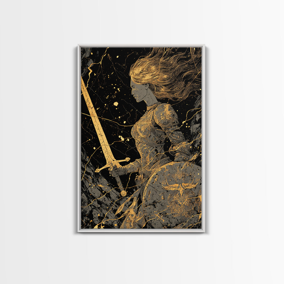 Warrior Maiden Gold Canvas Print, Female Knight With Sword And Shield Artwork, Real Wood Frame Wall Décor, Heroic Fantasy Art