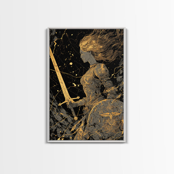 Warrior Maiden Gold Canvas Print, Female Knight With Sword And Shield Artwork, Real Wood Frame Wall Décor, Heroic Fantasy Art