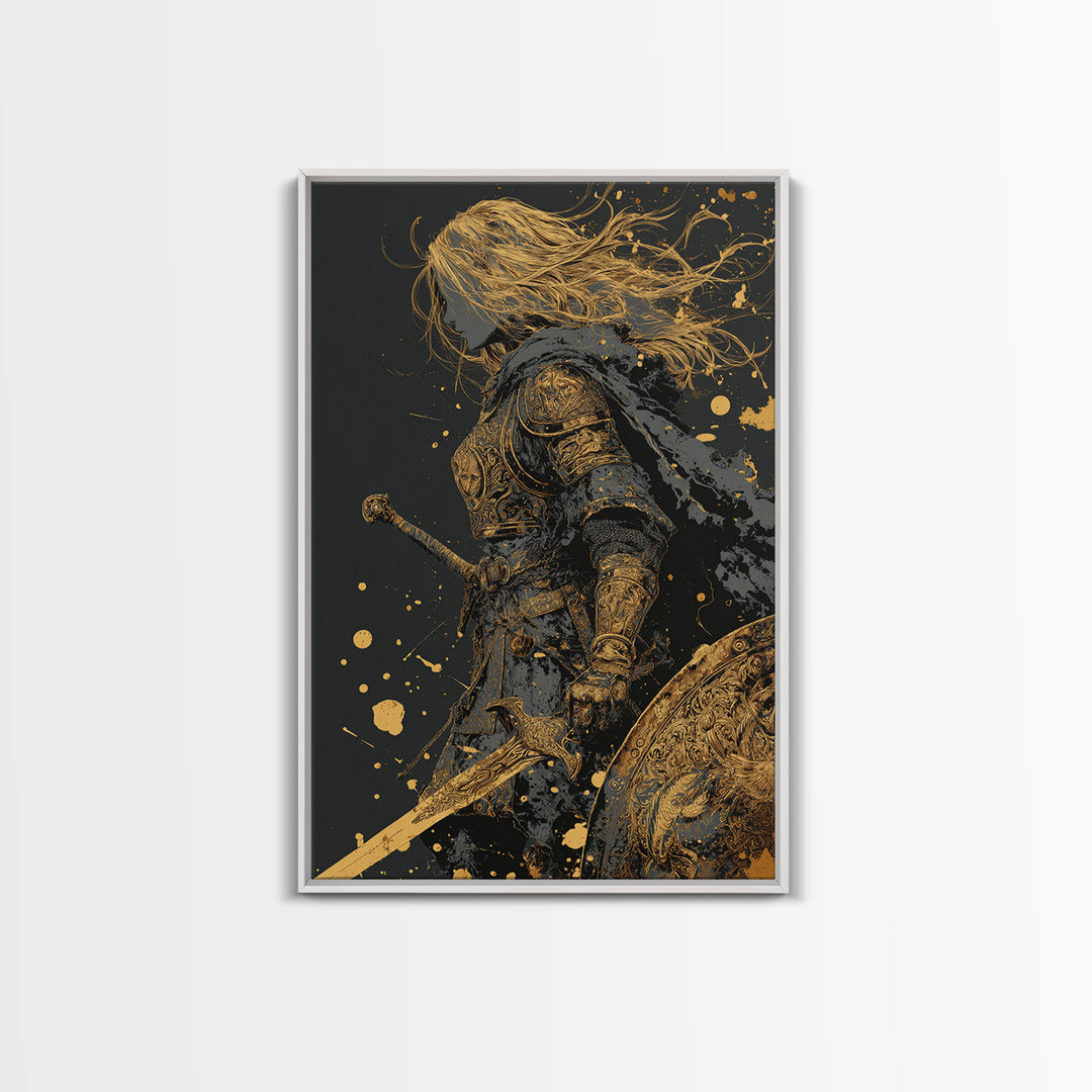 Golden Armored Knight Gold Canvas Art, Female Warrior With Sword And Shield Canvas Print, Real Wood Frame Wall Décor, Mythic Battle Art