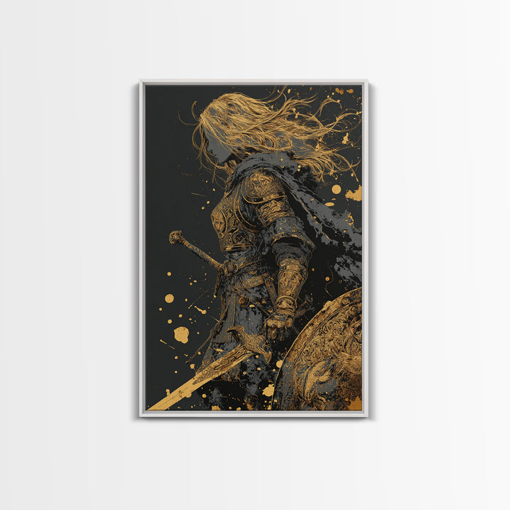 Golden Armored Knight Gold Canvas Art, Female Warrior With Sword And Shield Canvas Print, Real Wood Frame Wall Décor, Mythic Battle Art