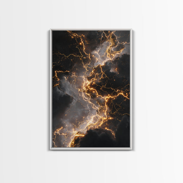 Celestial Lightning Storm Gold Canvas Art, Abstract Thunder Energy Canvas Print, Real Wood Frame Wall Décor, Dramatic Cosmic Power Artwork