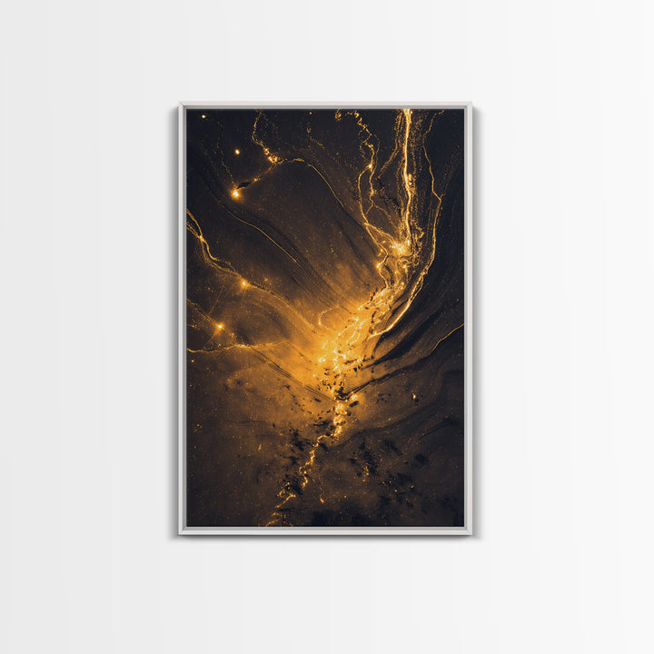 Golden River Flow Gold Canvas Print, Abstract Liquid Energy Artwork On Canvas, Real Wood Frame Wall Décor, Celestial Fluid Art