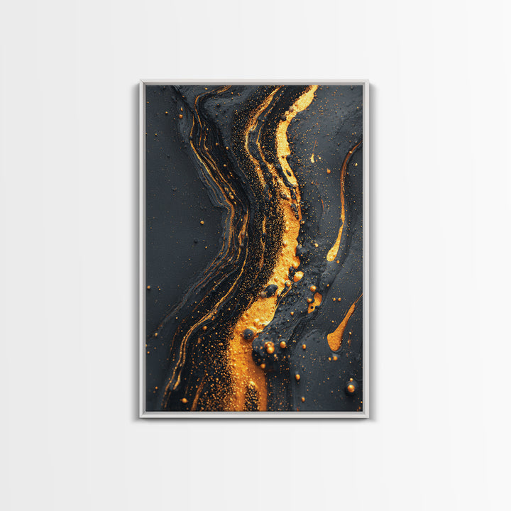 Abstract Gold Flow Art, Modern Luxury Canvas Print With Real Wood Frame, Fluid River Inspired Wall Décor, Contemporary Statement Artwork