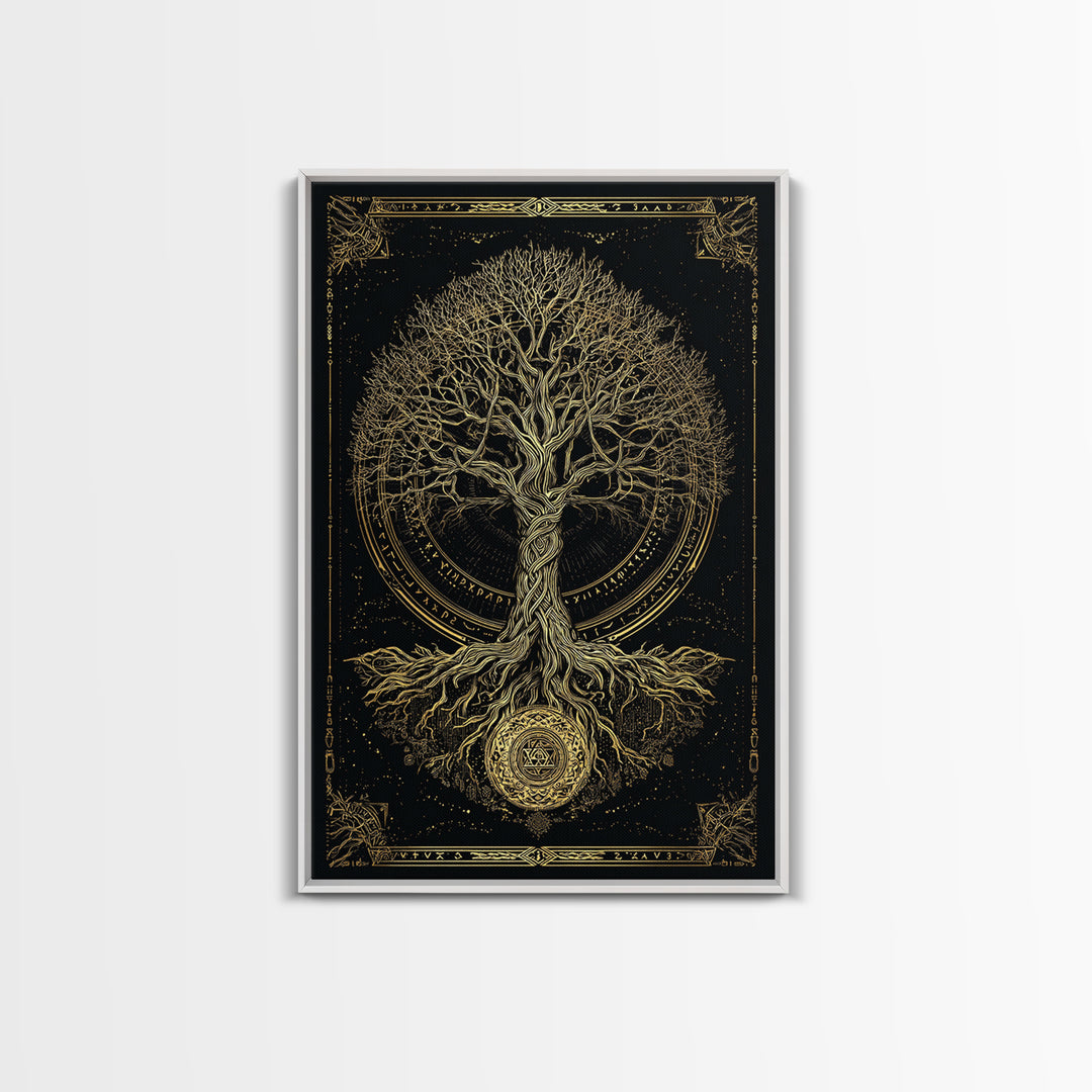 Sacred Yggdrasil Gold Canvas Art, Norse Mythology Tree Of Life Canvas Print, Real Wood Frame Wall Décor, Mystical Viking Symbol Artwork