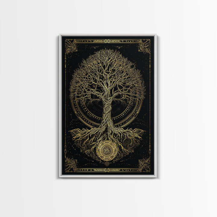 Sacred Yggdrasil Gold Canvas Art, Norse Mythology Tree Of Life Canvas Print, Real Wood Frame Wall Décor, Mystical Viking Symbol Artwork
