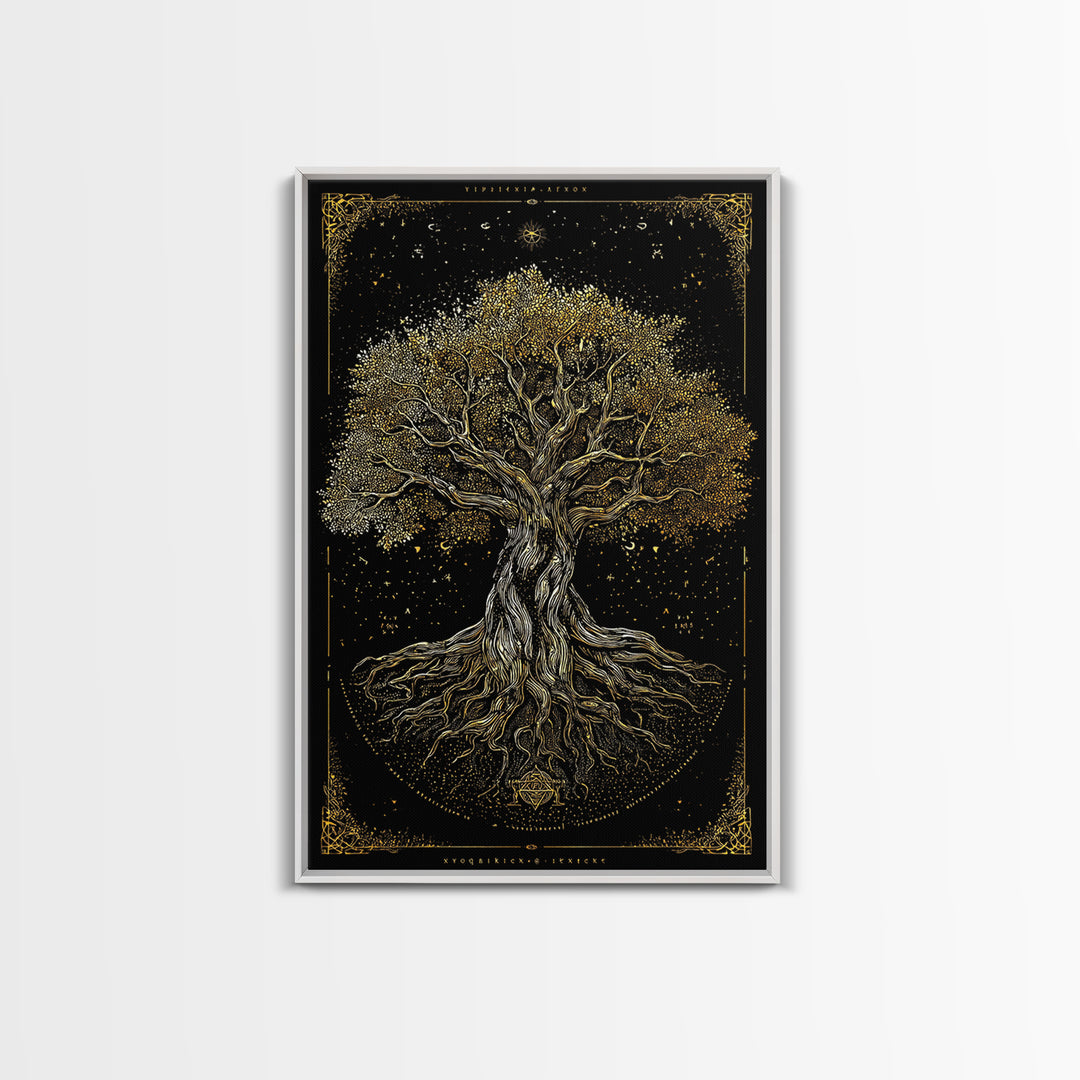 Ancient Cosmic Tree Gold Canvas Print, Norse Mythology Inspired Yggdrasil Artwork, Real Wood Frame Wall Décor, Mystical Fantasy Art