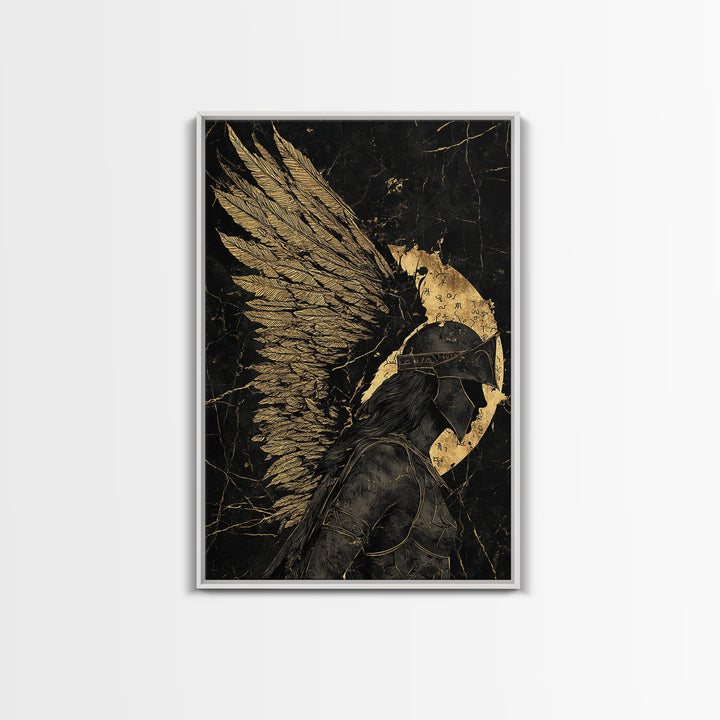Winged Warrior Gold Canvas Print, Angelic Guardian Art On Canvas, Real Wood Frame Decor, Mythology Spiritual Wall Artwork
