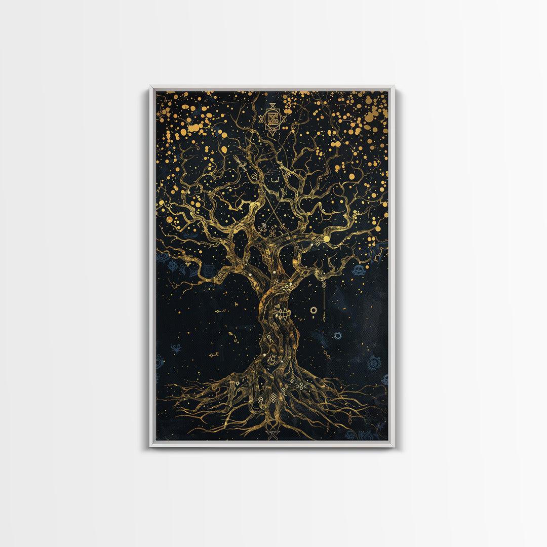Mystical Tree Of Life Gold Canvas Art, Celestial Symbolic Nature Canvas Print, Real Wood Frame Wall Décor, Sacred Mythology Fantasy Artwork