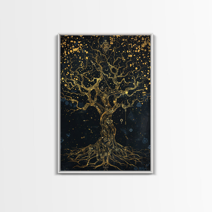 Mystical Tree Of Life Gold Canvas Art, Celestial Symbolic Nature Canvas Print, Real Wood Frame Wall Décor, Sacred Mythology Fantasy Artwork