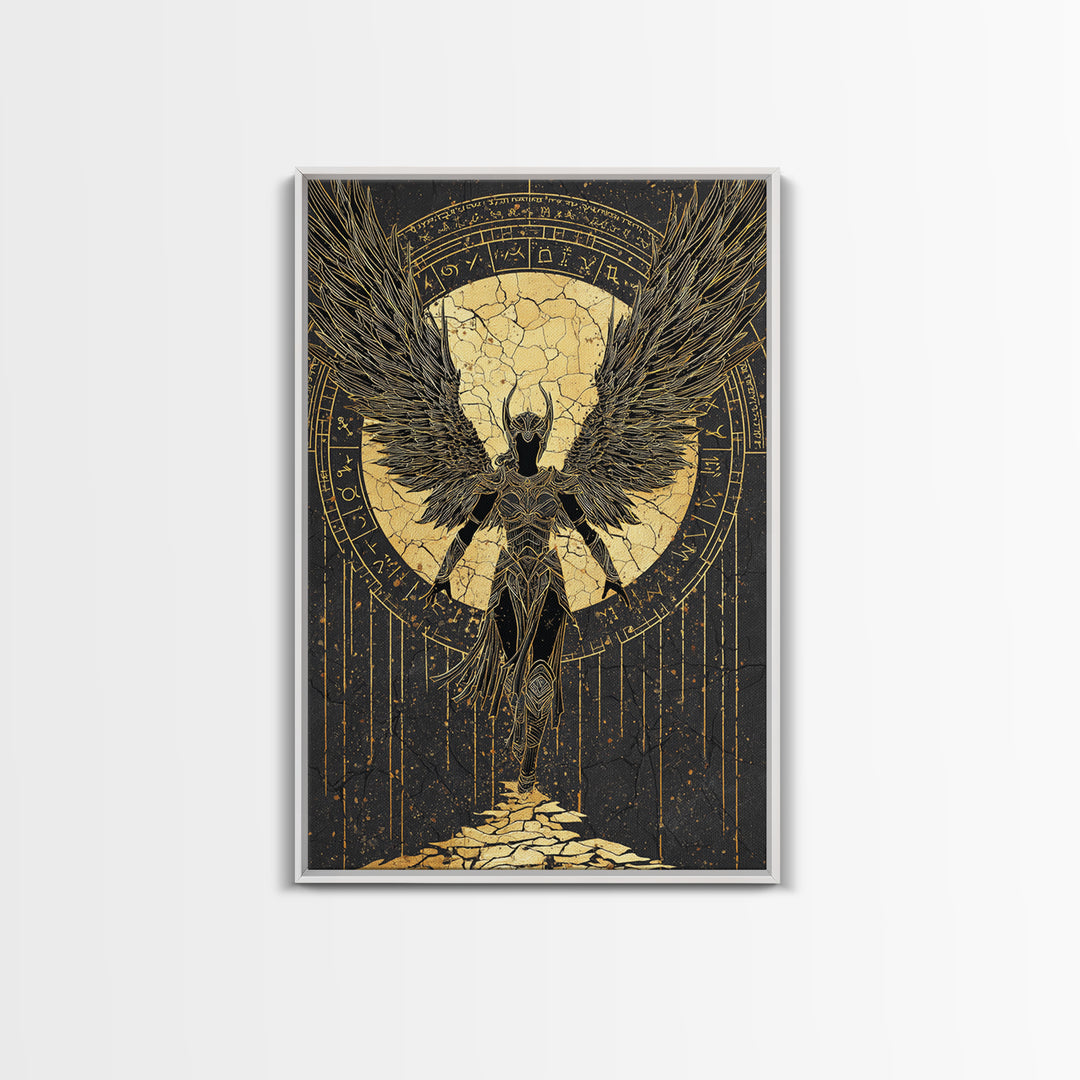 Celestial Angel Gold Canvas Art, Majestic Winged Warrior Canvas Print, Real Wood Frame Wall Décor, Divine Fantasy Statement Artwork