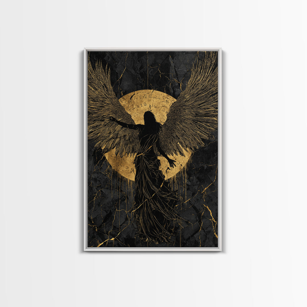 Heavenly Guardian Gold Canvas Print, Radiant Angel Art On Canvas, Real Wood Frame Wall Décor, Celestial Spiritual Artwork