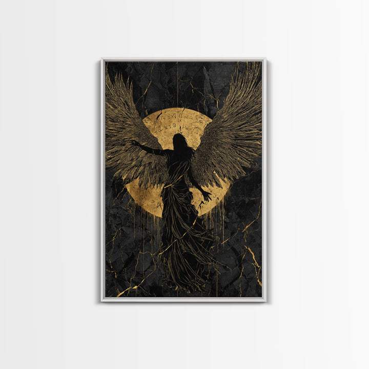 Heavenly Guardian Gold Canvas Print, Radiant Angel Art On Canvas, Real Wood Frame Wall Décor, Celestial Spiritual Artwork